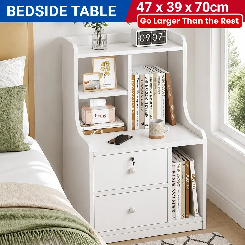 Bedside Table White Wooden Nightstand Drawer Storage Shelf Minimalist Design