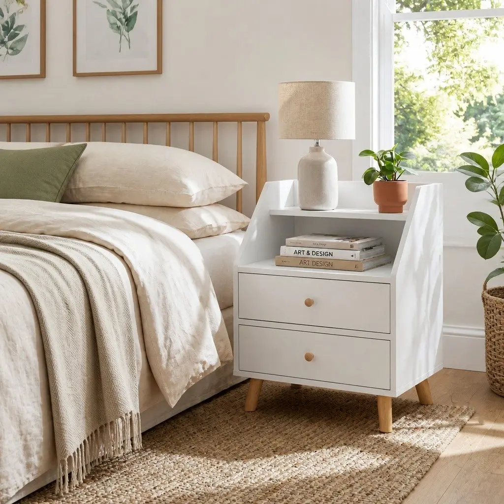 Bedside Table Wood 47 cm White with 2 Drawers and Open Shelf