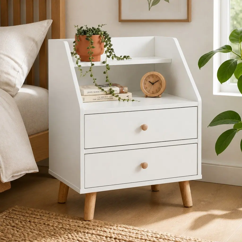 Bedside Table Wood 47 cm White with 2 Drawers and Open Shelf