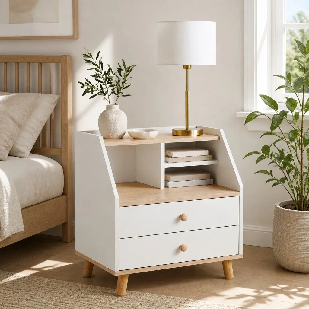 Bedside Table Wood 47cm White with 2 Drawers and Open Storage