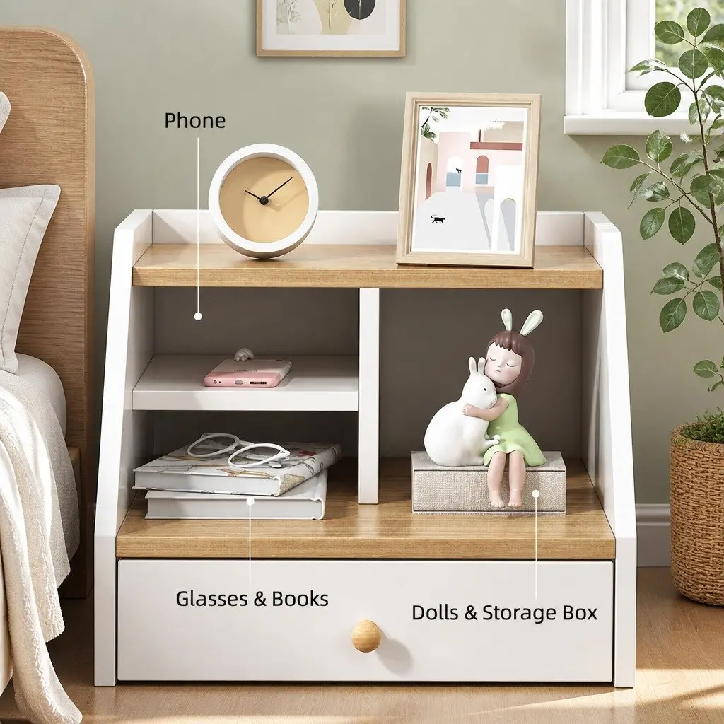 Bedside Table Wood 47cm White with 2 Drawers and Open Storage