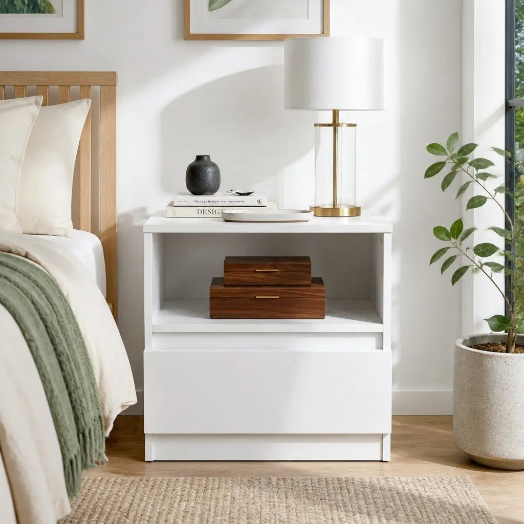 Warm White Compact Modern Nightstand with Drawer