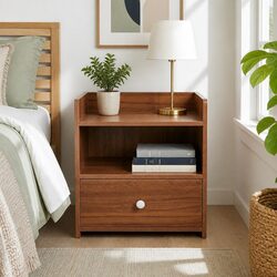 Vintage-Style Walnut Bedside Table with Open Shelf