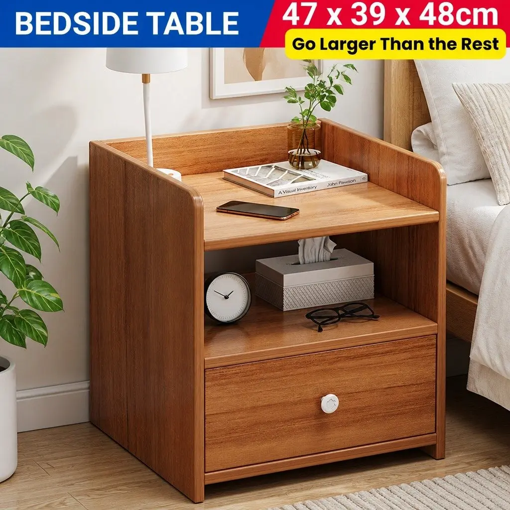 Bedside Table Walnut 48cm Vintage Nightstand with Drawer and Open Shelf