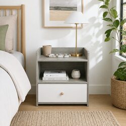Light Gray Wood Grain Bedside Table with Storage Drawer