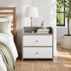 Two-Tone Light Gray and White Bedside Table with Wooden Drawers