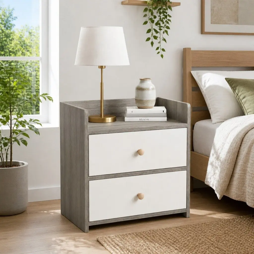 Bedside Table E1 Grade MDF Light Gray White Nordic Style with Drawers and Natural Wooden Knobs
