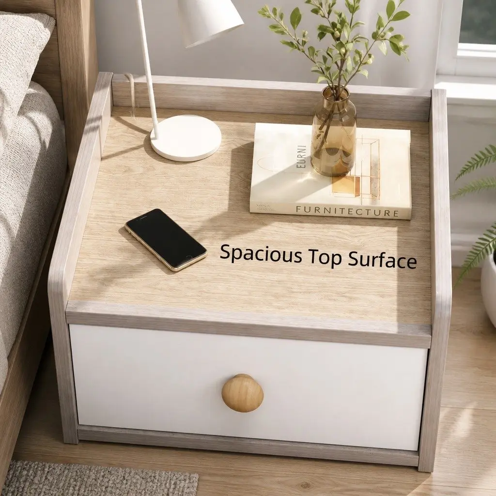 Bedside Table E1 Grade MDF Light Gray White Nordic Style with Drawers and Natural Wooden Knobs