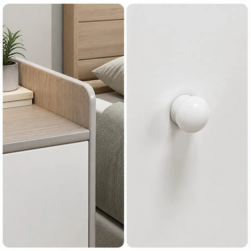 Bedside Table E1 Grade MDF Light Gray White Nordic Style with Drawers and Natural Wooden Knobs