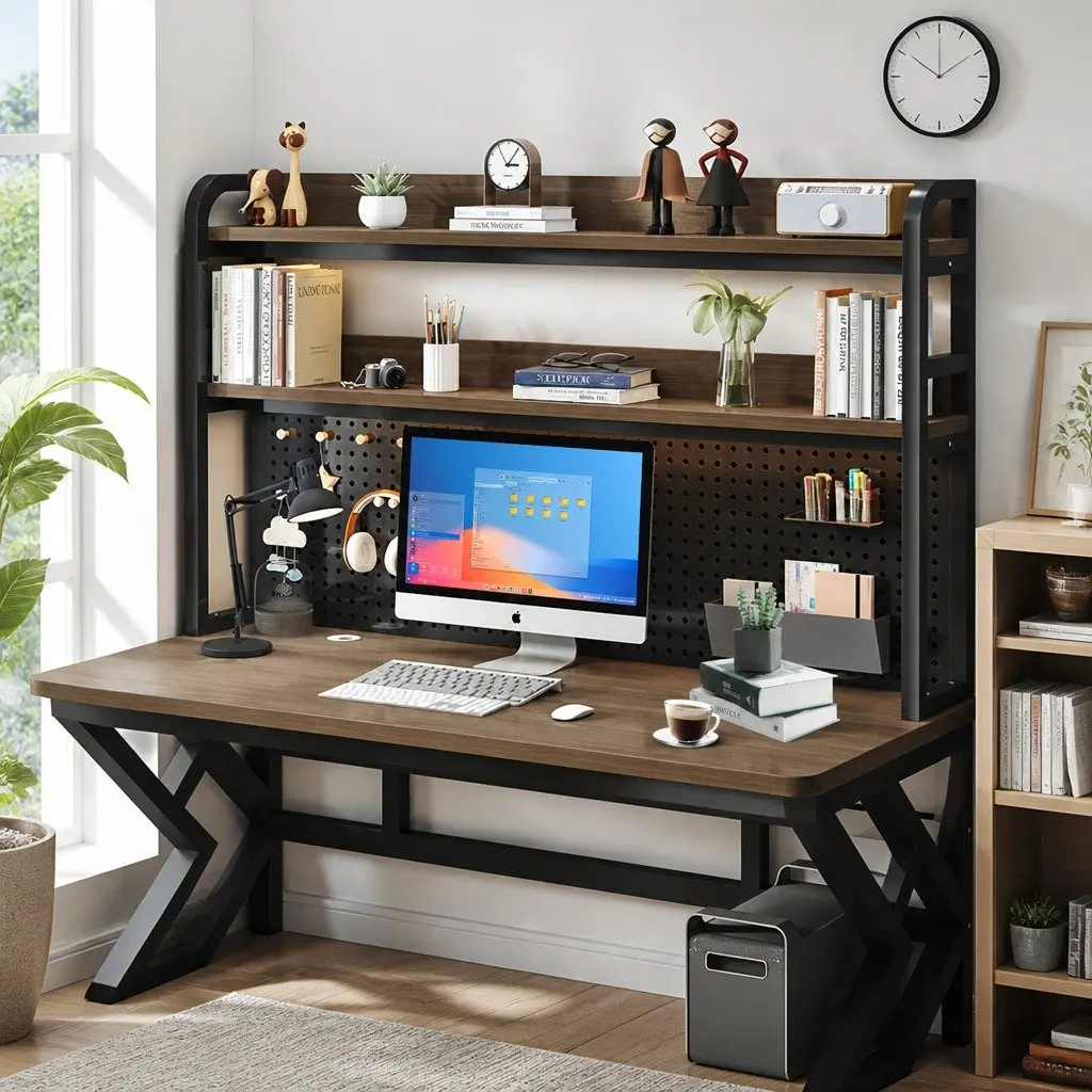 Computer Desk Density Board Carbon Steel 120x60x170cm Black and Grey