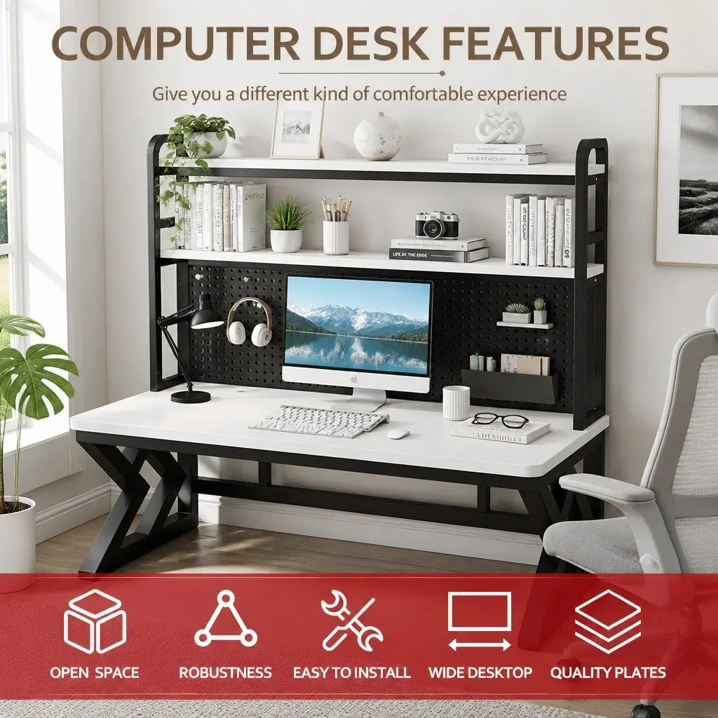 Computer Desk Density Board Carbon Steel 120x60cm Black Legs White Desktop