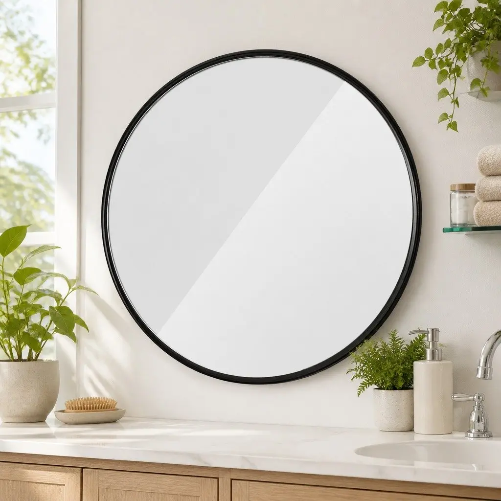 Circular Wall Mirror Glass 80cm Black