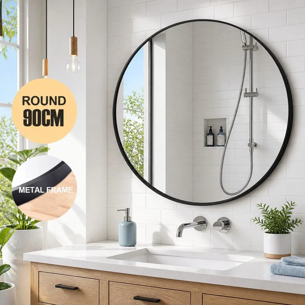 Vintage Black Circular Wall Mirror with Metal Frame