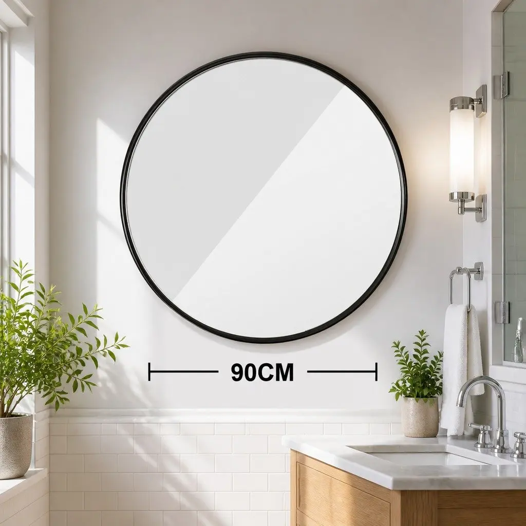 Circular Wall Mirror Glass 90cm Black Metal Frame Bathroom Vanity Accent Decor