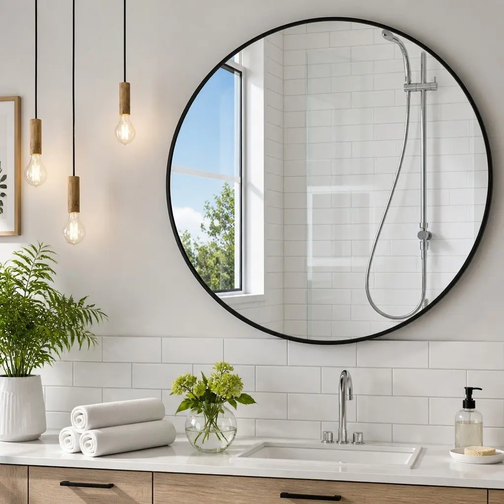 Circular Wall Mirror Glass 90cm Black Metal Frame Bathroom Vanity Accent Decor