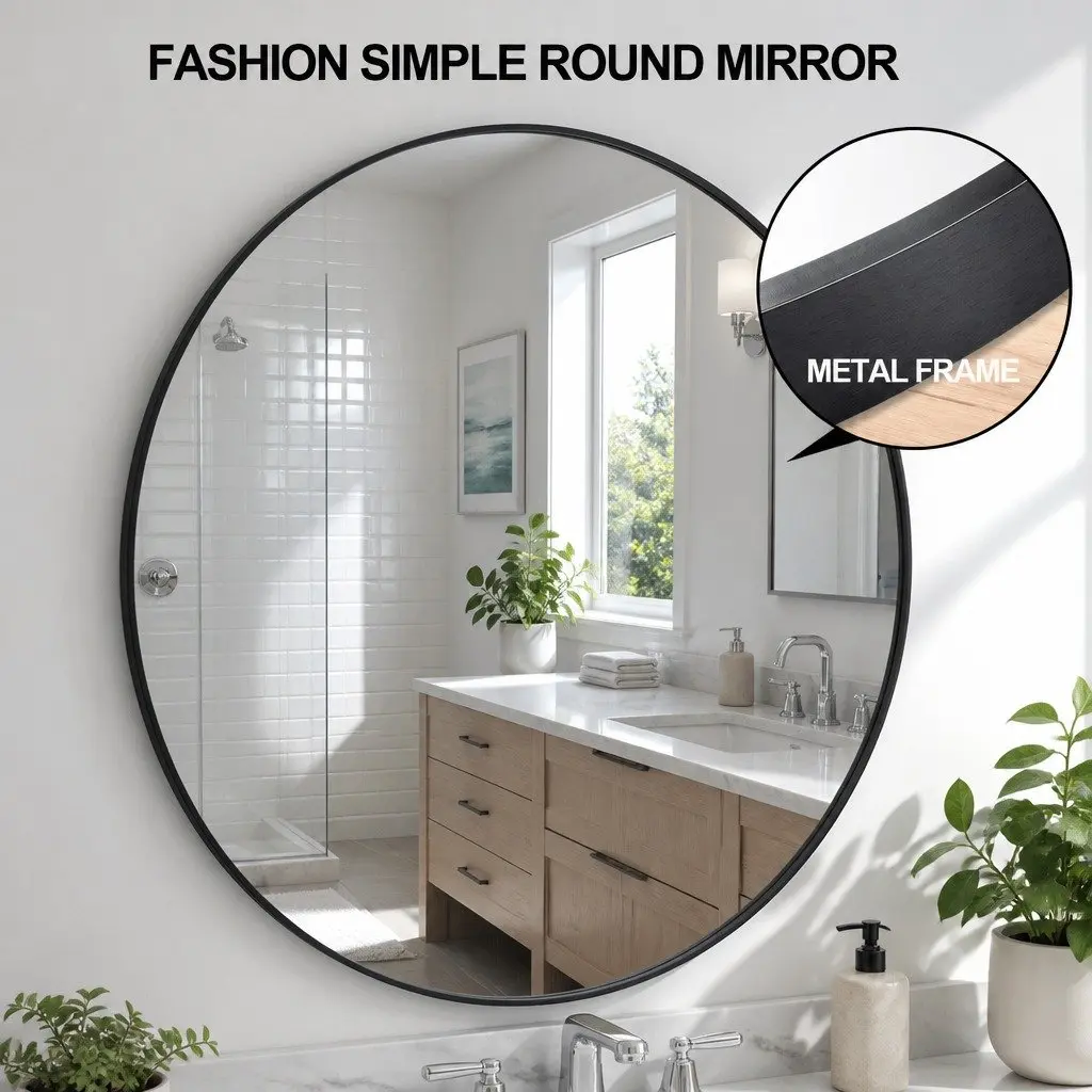 Circular Wall Mirror Glass 90cm Black Metal Frame Bathroom Vanity Accent Decor