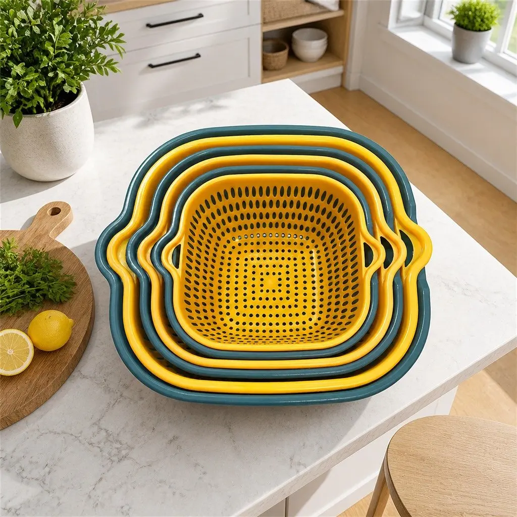 Storage Basket Set Plastic Double-Layer 6 Piece Blue Yellow