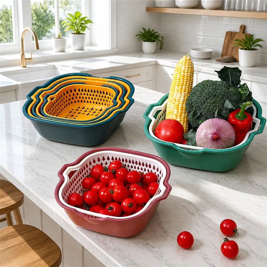 Storage Basket Set Plastic Double-Layer 6 Piece Blue Yellow