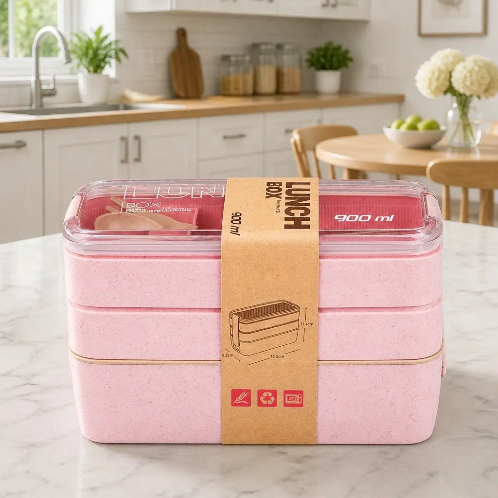 Bento Lunch Box 3 Layer 900ml Leakproof Yellow Food Storage Container
