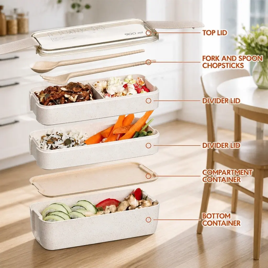 Bento Lunch Box 3 Layer 900ml Leakproof Yellow Food Storage Container