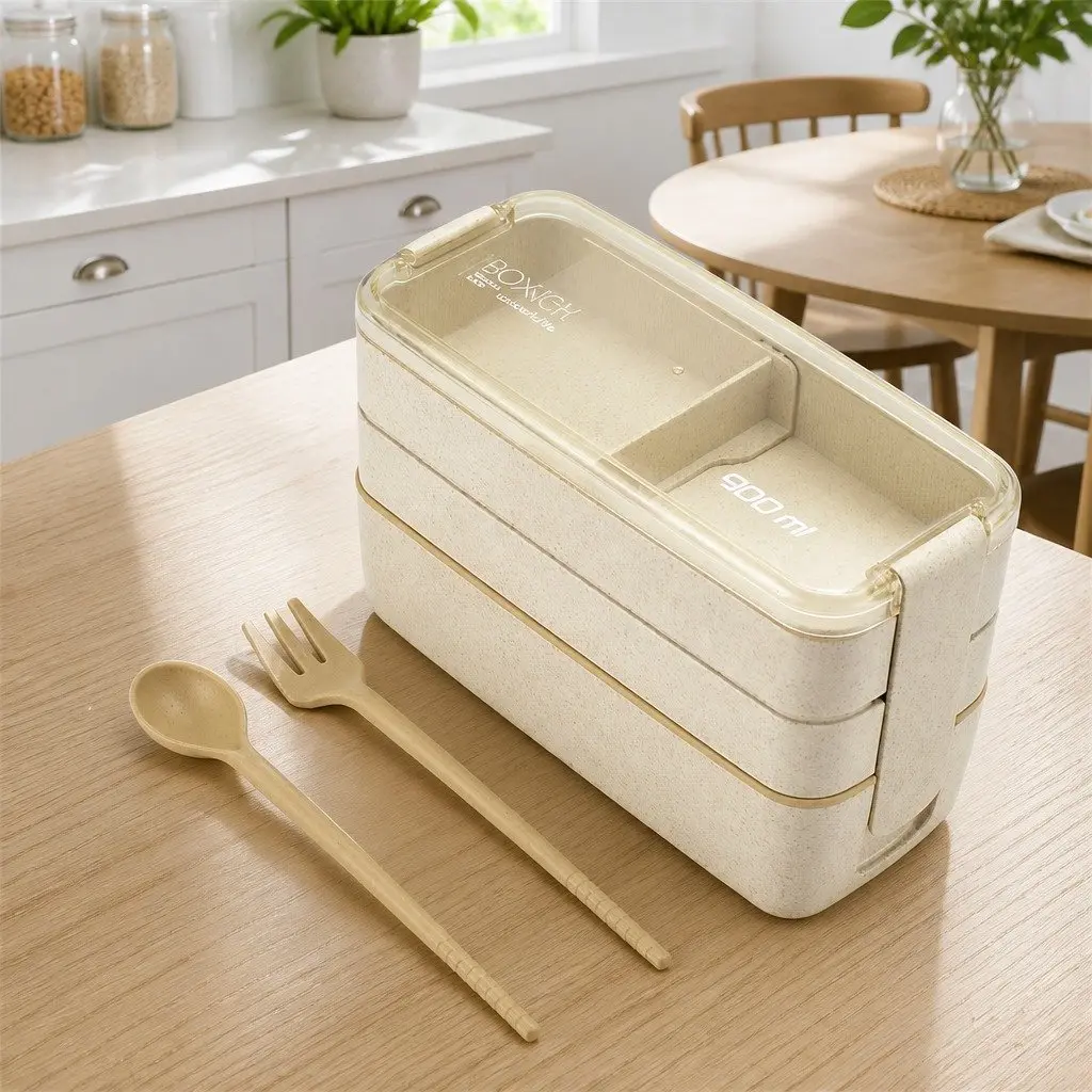 Bento Lunch Box 3 Layer 900ml Leakproof Yellow Food Storage Container