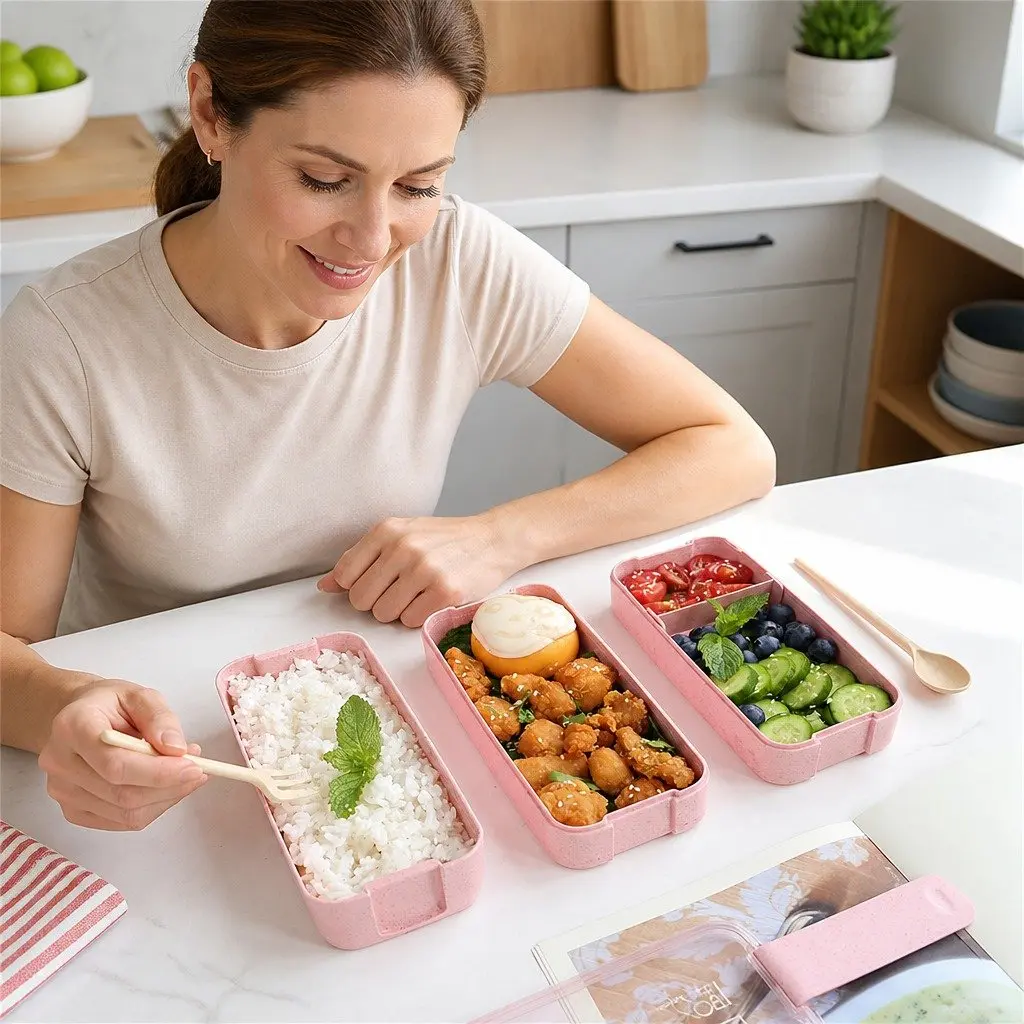 Bento Box Lunch Container 3 Layer Leakproof Food Storage Rectangular Pink