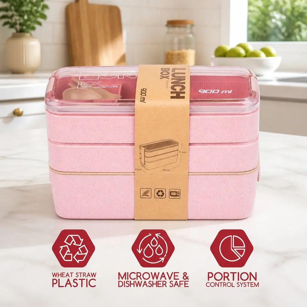 Bento Box Lunch Container 3 Layer Leakproof Food Storage Rectangular Pink