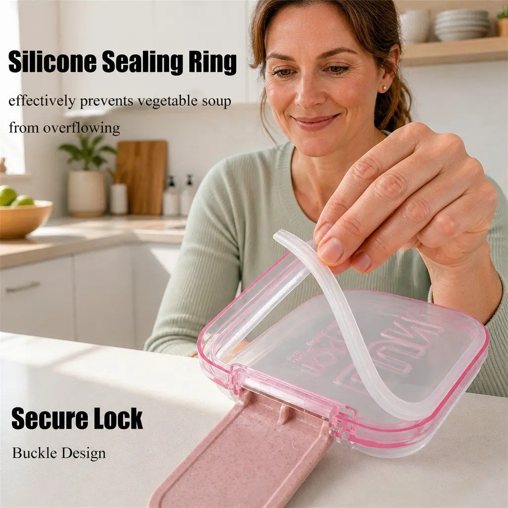 Bento Box Lunch Container 3 Layer Leakproof Food Storage Rectangular Pink