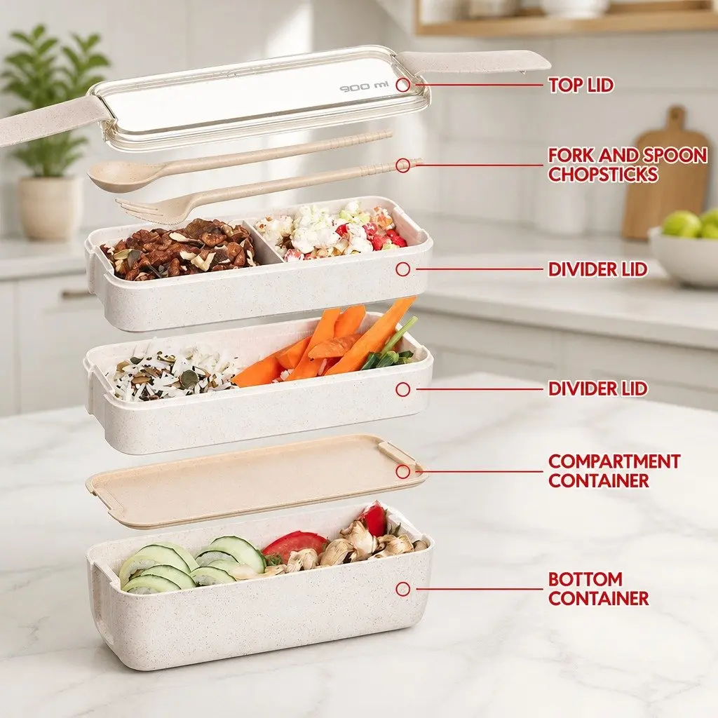 Bento Box Lunch Container 3 Layer Leakproof Food Storage Rectangular Pink