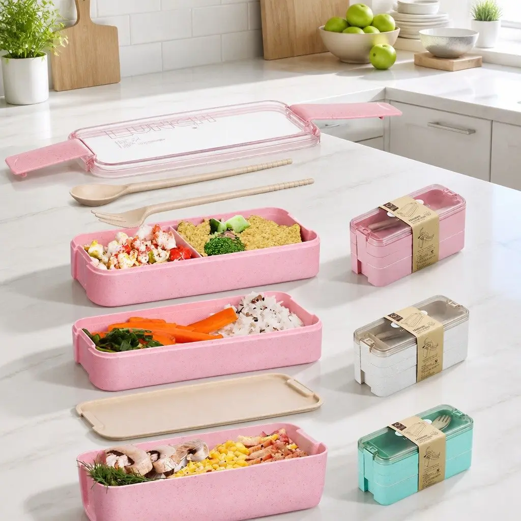 Bento Box Lunch Container 3 Layer Leakproof Food Storage Rectangular Pink