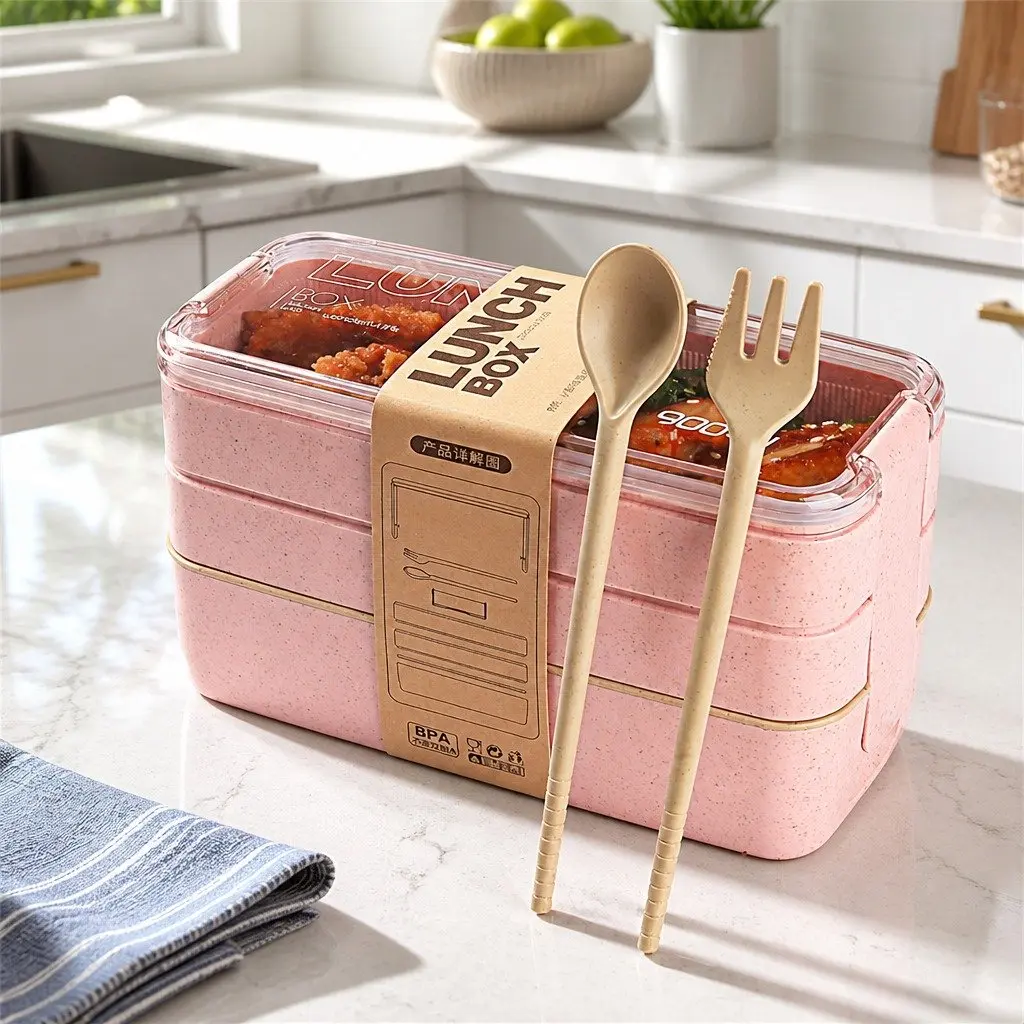 Bento Box Lunch Container 3 Layer Leakproof Food Storage Rectangular Pink