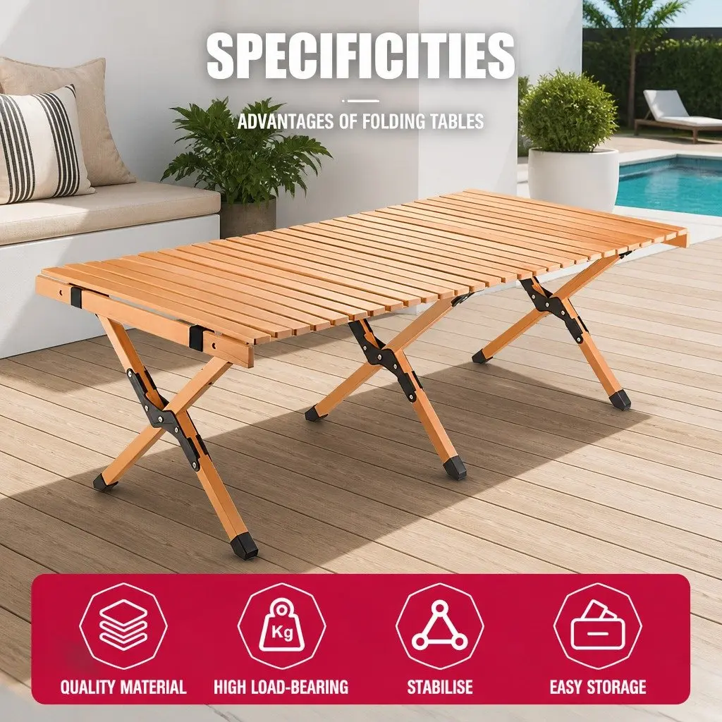 Folding Camping Table Beech Wood 120 x 43 x 60cm Beige