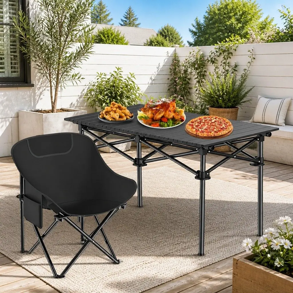 Folding Picnic Table Chairs Set Carbon Steel Portable Black 9 Piece