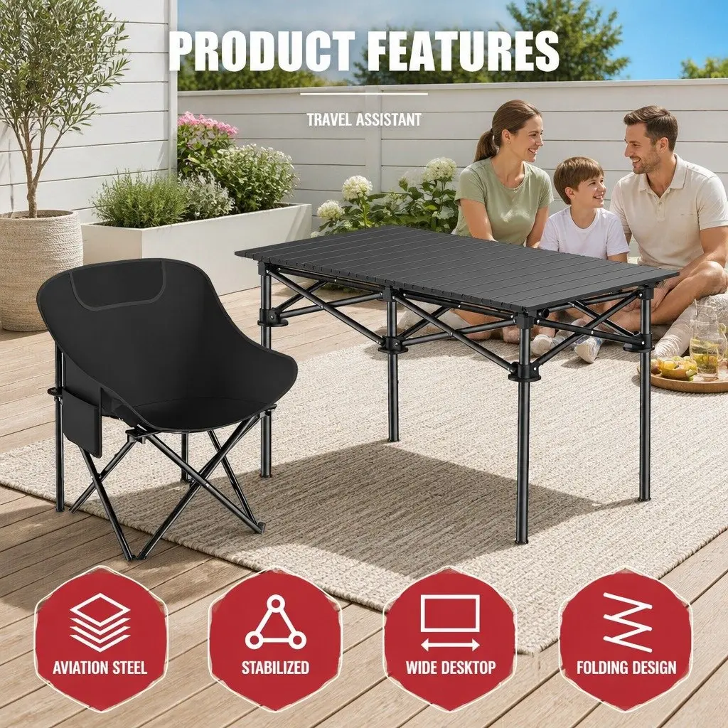 Folding Picnic Table Chairs Set Carbon Steel Portable Black 9 Piece