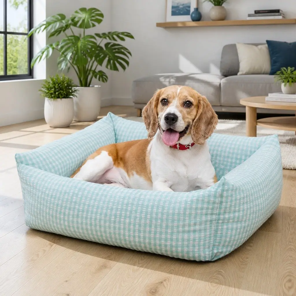 Blue Check Calming Nest Bed for Pets