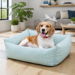 Pet Dogs Cat Bed Square Blue Check Calming Nest Removable Washable Puppy
