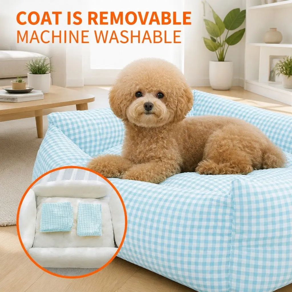 Blue Check Calming Nest Bed for Pets