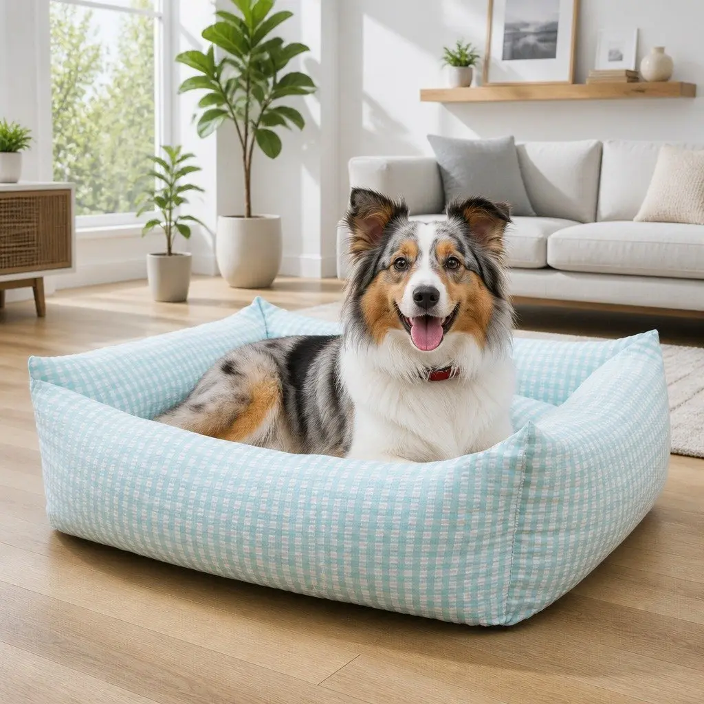 Blue Check Calming Nest Bed for Pets