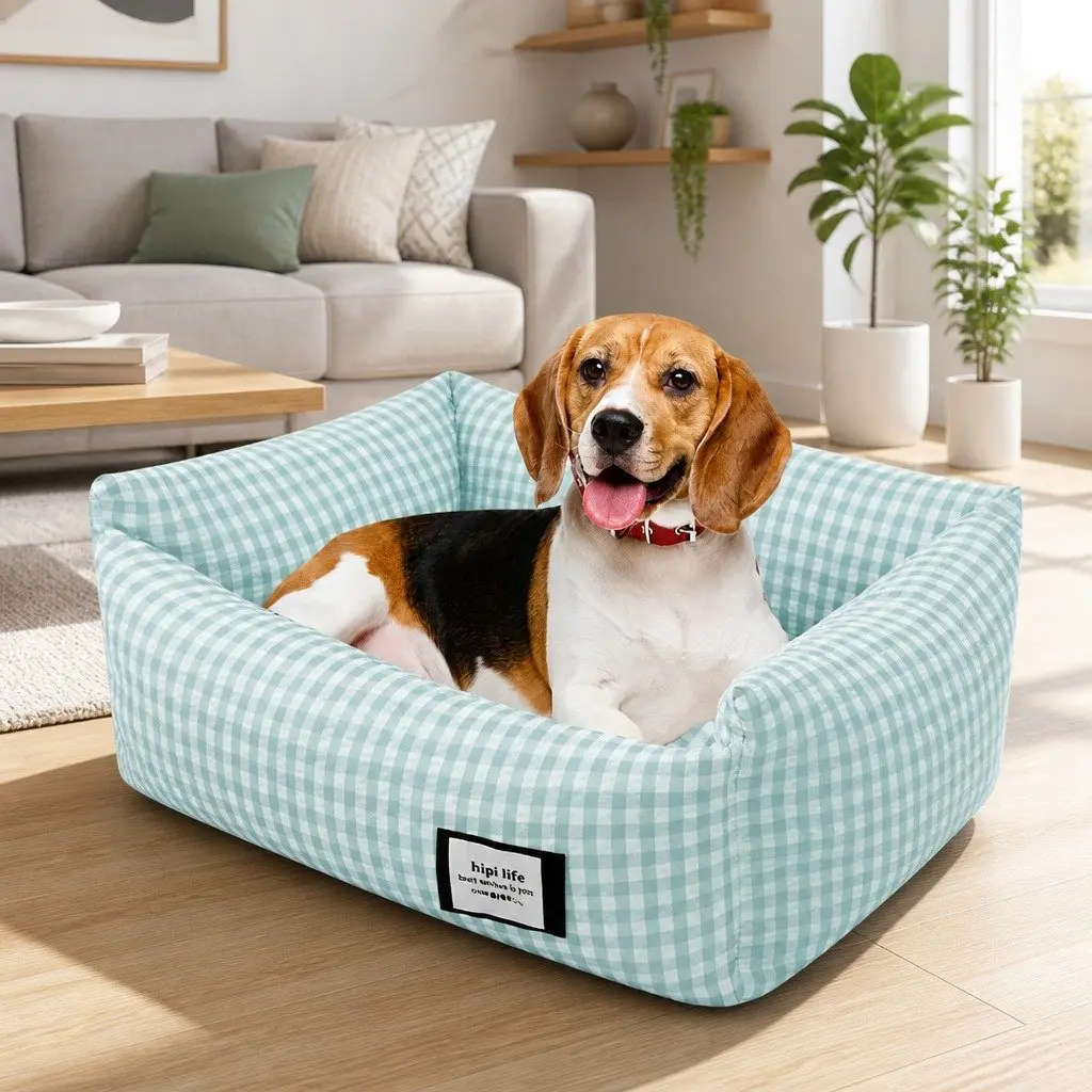 Blue Check Calming Nest Bed for Pets