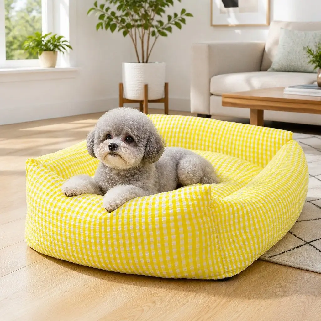 Pet Bed PP Cotton Square Removable Washable Cushion for Dogs Cats Yellow