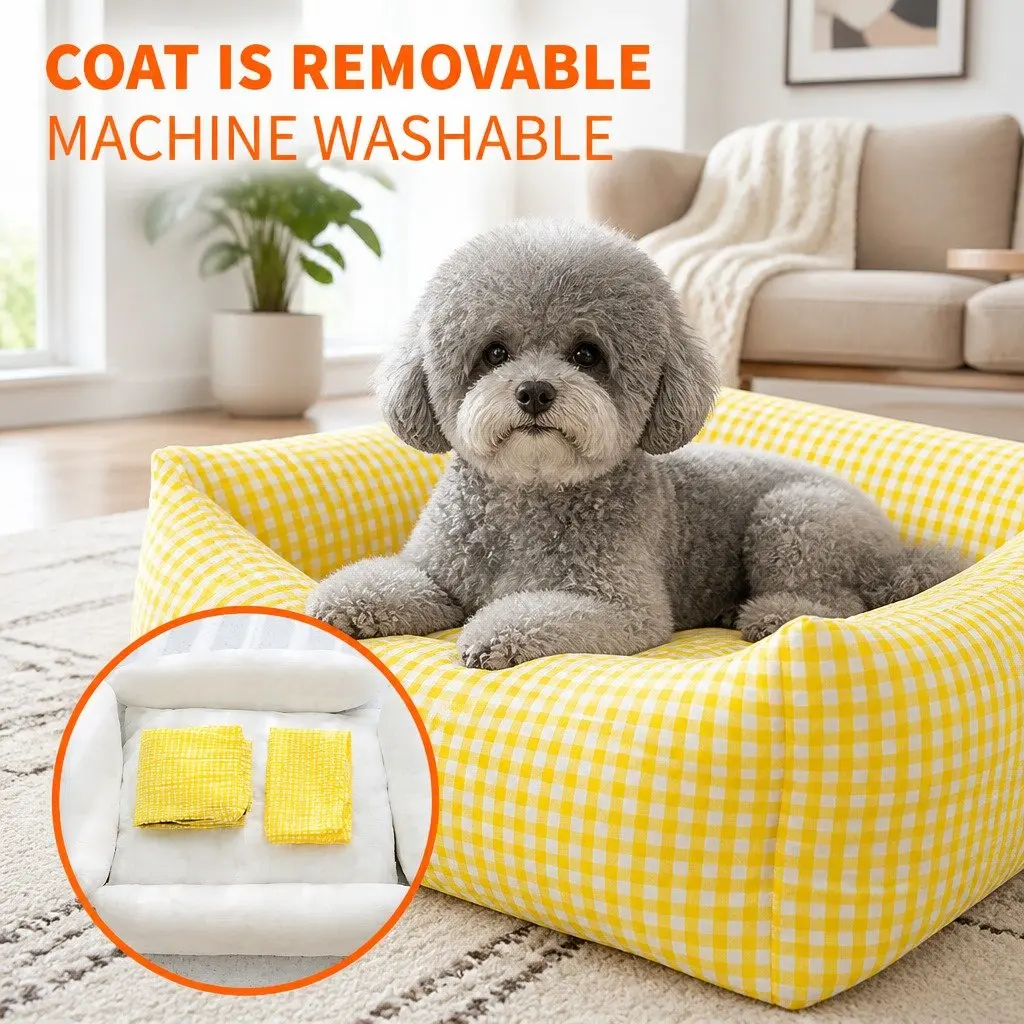 Pet Bed PP Cotton Square Removable Washable Cushion for Dogs Cats Yellow