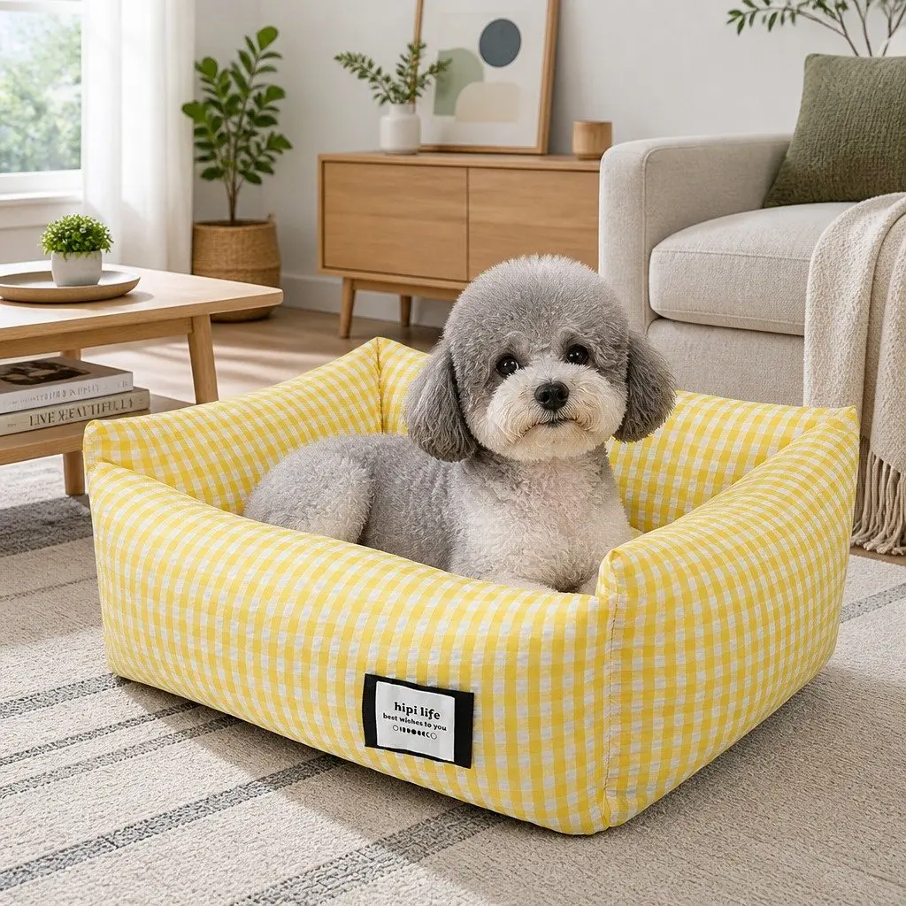 Pet Bed PP Cotton Square Removable Washable Cushion for Dogs Cats Yellow