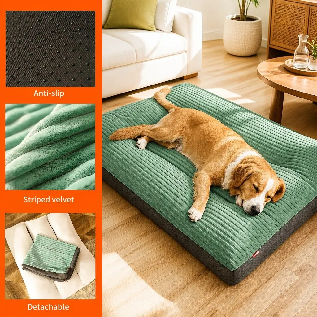Pet Bed Mat Striped Velvet 100x75cm Green