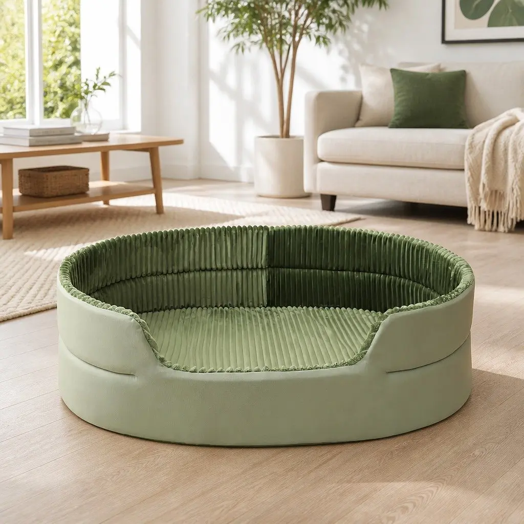 Large Semi-Enclosed 3D Pet Nest Bed Striped Design Avocado