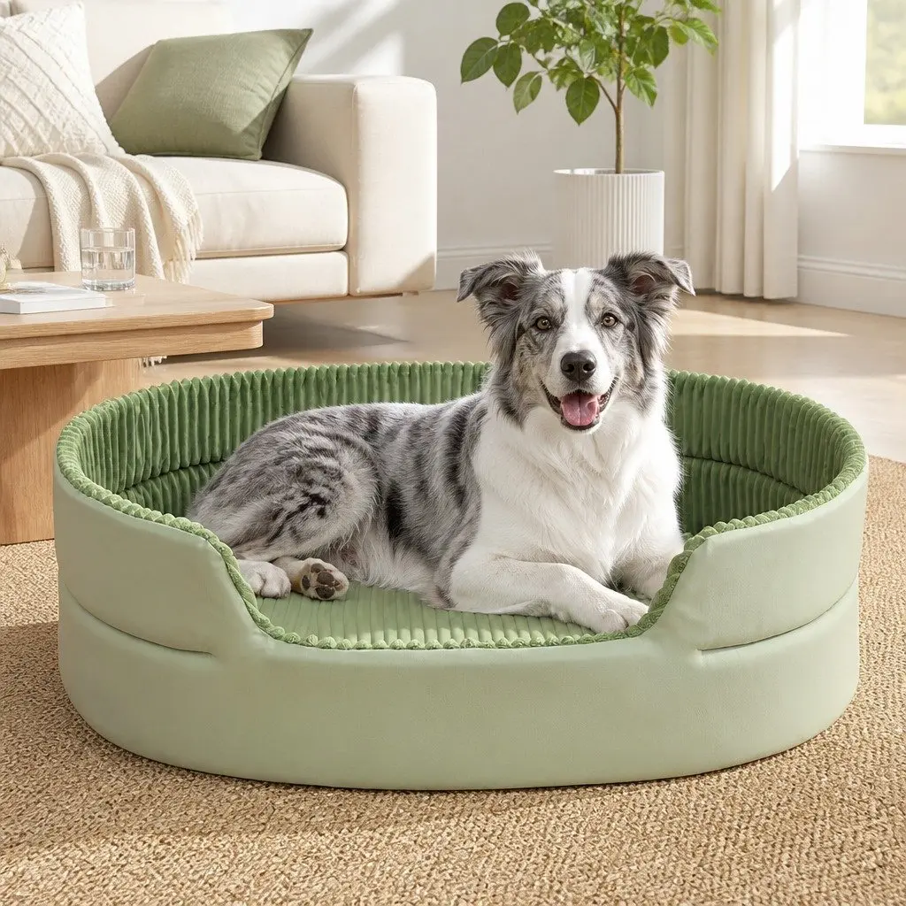 Large Semi-Enclosed 3D Pet Nest Bed Striped Design Avocado