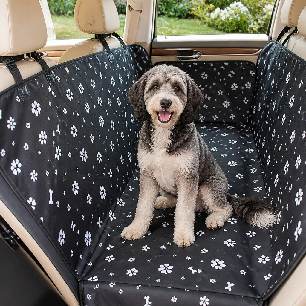 Dog Car Seat Cover Waterproof Double Layer Oxford Cloth 130x145x55cm Black Print