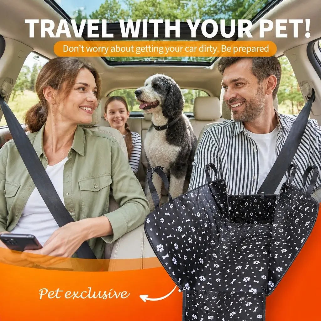 Dog Car Seat Cover Waterproof Double Layer Oxford Cloth 130x145x55cm Black Print