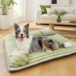 Striped Velvet Dog Bed Reversible Design Green Washable Pet Sleeping Mat Cushion