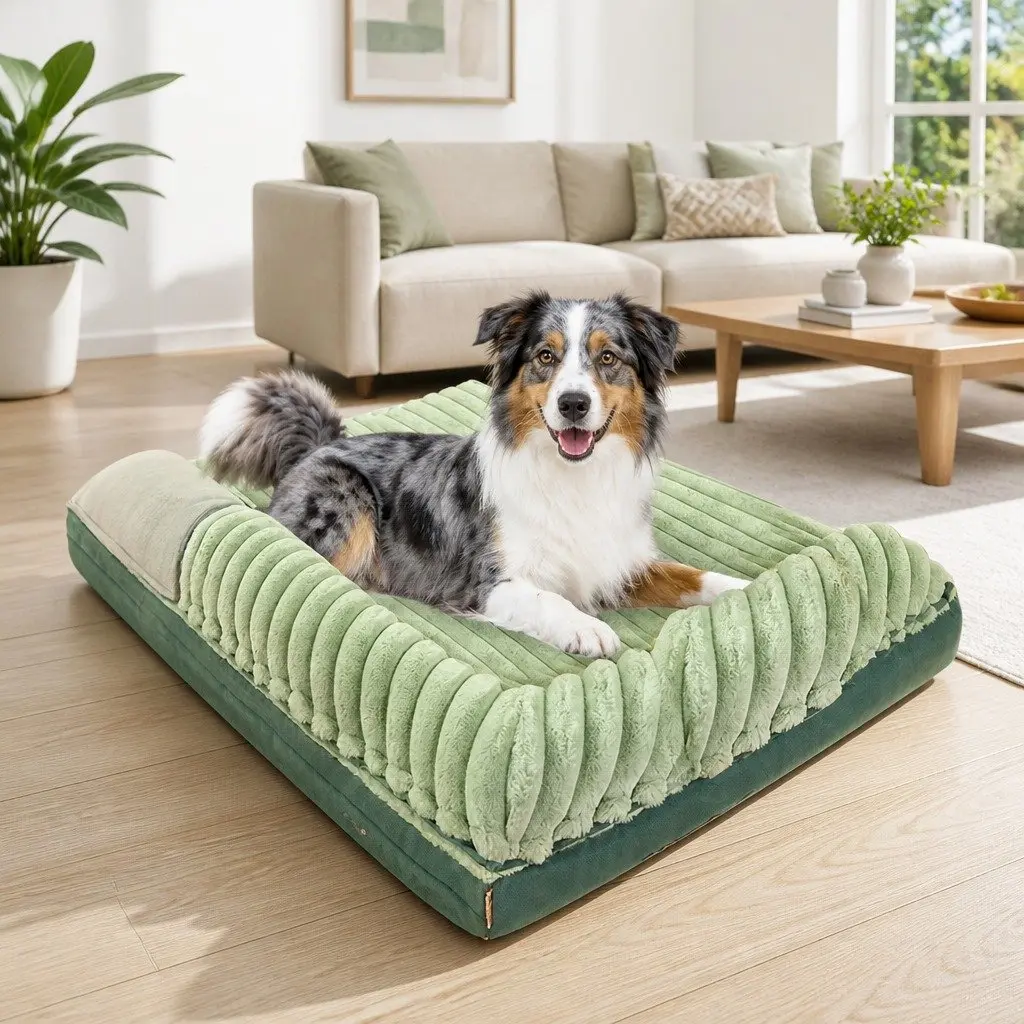 Striped Velvet Dog Bed Reversible Design Green Washable Pet Sleeping Mat Cushion