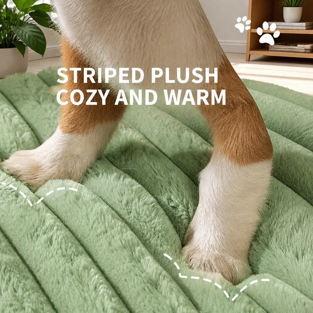 Striped Velvet Dog Bed Reversible Design Green Washable Pet Sleeping Mat Cushion